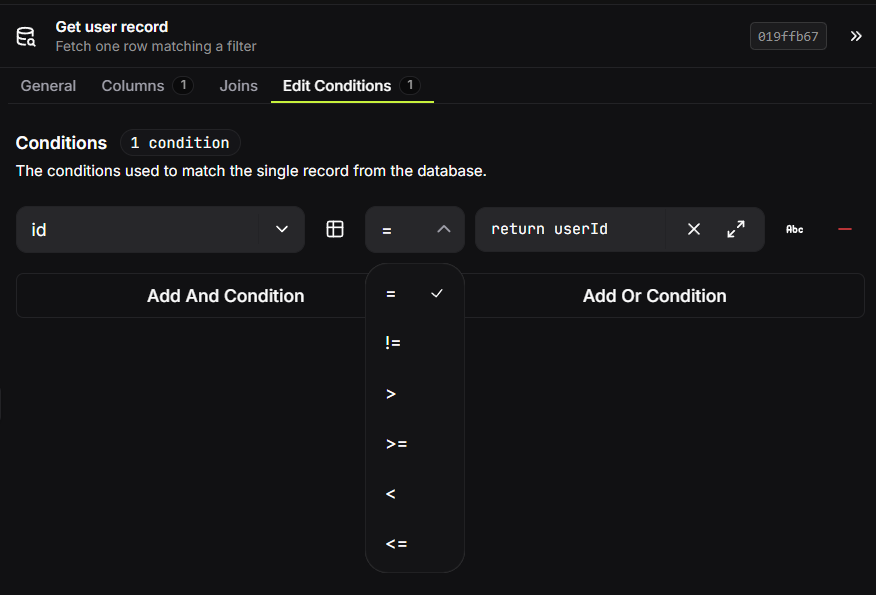 Database condition editor selecting the id column and a dynamic JavaScript value