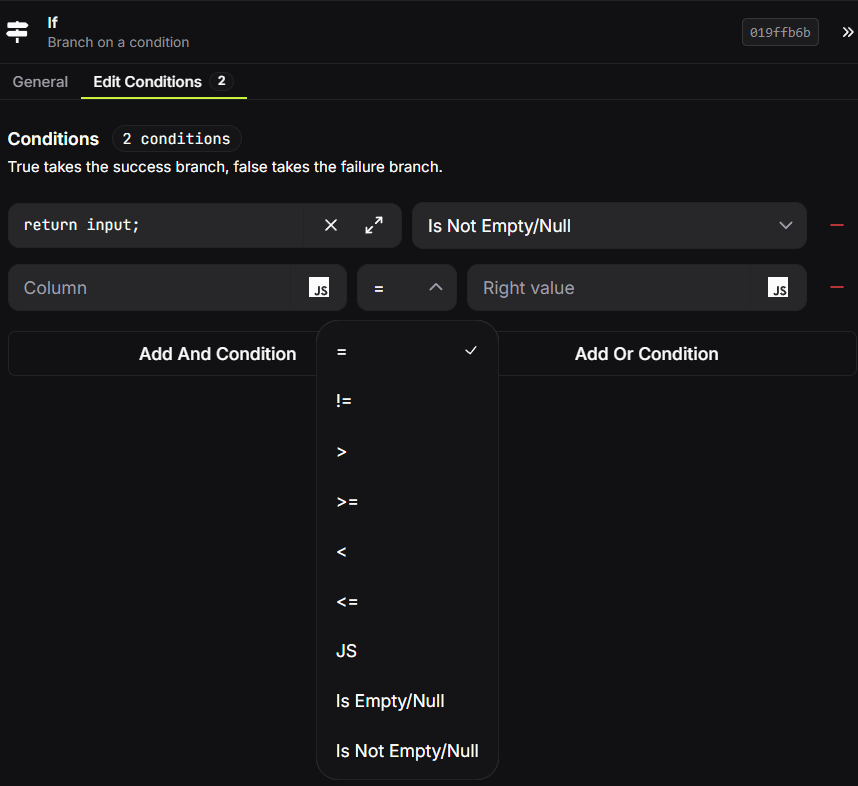 If Condition editor showing an input check and comparison operators
