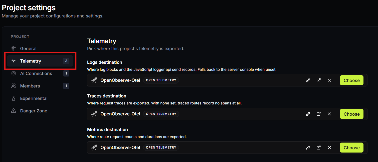 Project settings Telemetry page with separate logs, traces, and metrics destinations