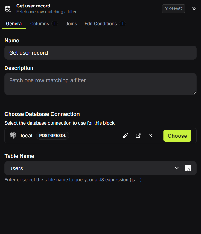 Get user record database block configuration